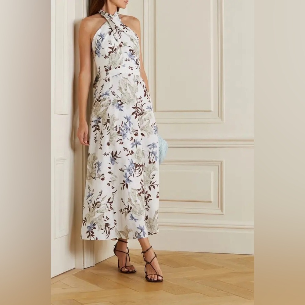 ERDEM Selene Floral White Linen Halter Garden Party Bridal Midi Dress Bow US 4
